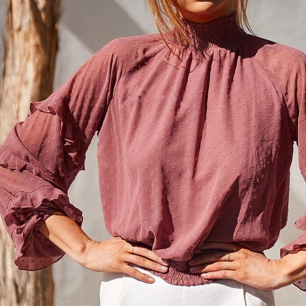Swiss dot smocked neck blouse